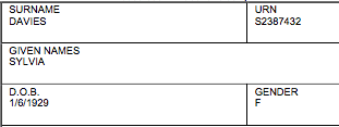 Surname: Sylvia Davies, Given names: Sylvia, D.O.B: 1/6/1929, Gender: F