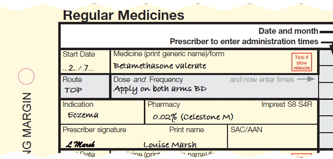 Order showing Betamethasone valerate. Apply on both arms BD.